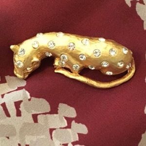 Vintage Gold Tone Crystal Jaguar Pin